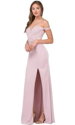 Dancing Queen - 2164 Appliqued Plunging Off Shoulder High Slit Gown