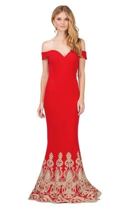 Dancing Queen - 2263 Off Shoulder Fitted Appliqued Mermaid Prom Dress