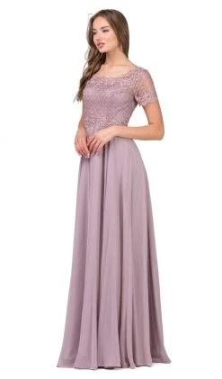 Dancing Queen - 2268 Short Sleeve Illusion Lattice Ornate A-Line Prom Gown