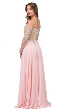 Dancing Queen - 2422 Appliqued Sheer Long Sleeves A-Line Prom Gown