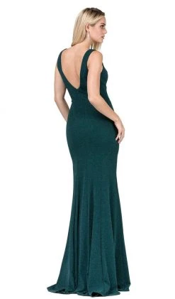 Dancing Queen - 2497 Shimmer Fabric Plunging Neck Fitted Prom Dress