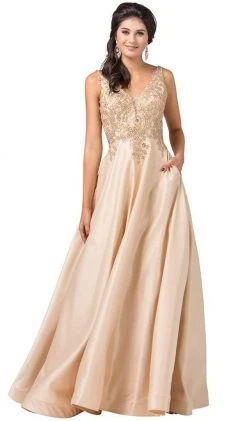 Dancing Queen - 2533 Gold Embellished Lace Bodice Satin A-Line Gown 13 Dancing Queen - 2533 Gold Embellished Lace Bodice Satin A-Line Gown