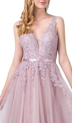 Dancing Queen - 2596 Illusion Plunging Neck Floral Applique Tulle Gown