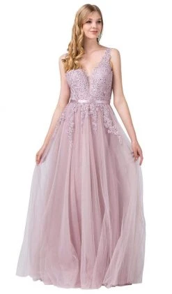 Dancing Queen - 2596 Illusion Plunging Neck Floral Applique Tulle Gown