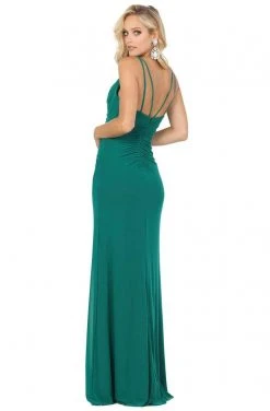 Dancing Queen - 2905 V Neck Double Strap High Slit Fitted Prom Gown