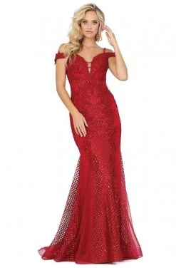 Dancing Queen - 2995 Off Shoulder Deep V-Neck Lace Sequins Prom Gown