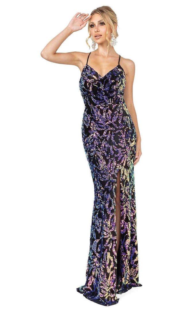 Dancing Queen - 4135 V Neck Sequined Evening Dress 3 Dancing Queen - 4135 V Neck Sequined Evening Dress