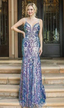 Dancing Queen - 4215 Plunging V-Neck Column Evening Dress