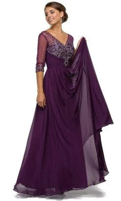 Dancing Queen - 8855 Jewel Embellished Quarter Sleeve Illusion Evening Dress