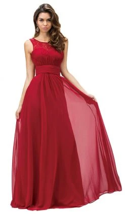 Dancing Queen - 9111 Ruched Illusion Lace Scoop Chiffon Prom Dress