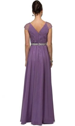 Dancing Queen - 9182 Illusion Cap Sleeve Pleated V-Neck Chiffon Evening Dress