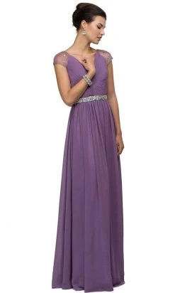 Dancing Queen - 9182 Illusion Cap Sleeve Pleated V-Neck Chiffon Evening Dress