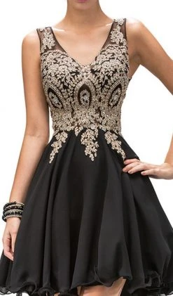 Dancing Queen - 9384 Sleeveless Gold Lace Bodice V-Neck Cocktail Dress 9 Dancing Queen - 9384 Sleeveless Gold Lace Bodice V-Neck Cocktail Dress