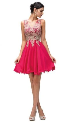 Dancing Queen - 9384 Sleeveless Gold Lace Bodice V-Neck Cocktail Dress 10 Dancing Queen - 9384 Sleeveless Gold Lace Bodice V-Neck Cocktail Dress