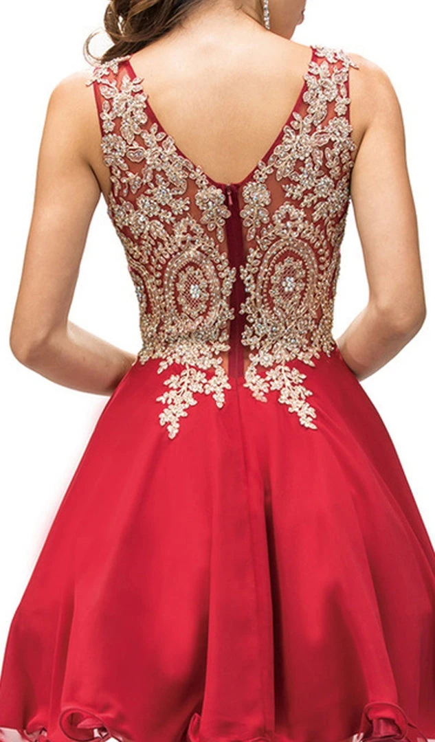 Dancing Queen - 9384 Sleeveless Gold Lace Bodice V-Neck Cocktail Dress 8 Dancing Queen - 9384 Sleeveless Gold Lace Bodice V-Neck Cocktail Dress