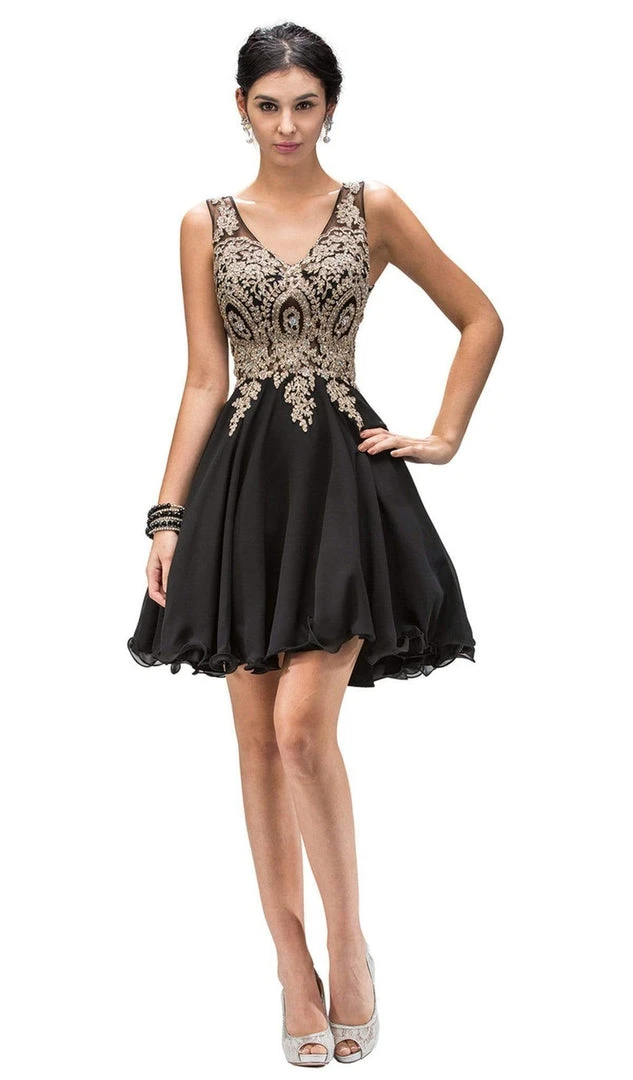 Dancing Queen - 9384 Sleeveless Gold Lace Bodice V-Neck Cocktail Dress 3 Dancing Queen - 9384 Sleeveless Gold Lace Bodice V-Neck Cocktail Dress