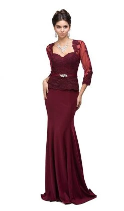 Dancing Queen - 9573 Sheer Sleeves Majestic Lacy Bodice Long Formal Dress