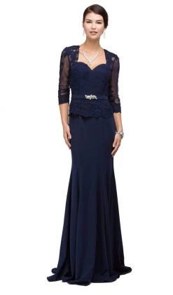 Dancing Queen - 9573 Sheer Sleeves Majestic Lacy Bodice Long Formal Dress