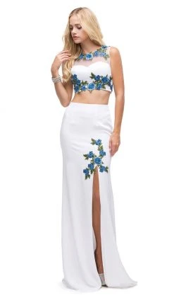 Dancing Queen - 9820 Floral Embroidered High Slit Two-Piece Prom Dress