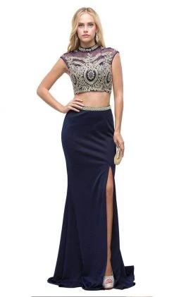 Dancing Queen - 9875 Embroidered Laced Crop Top Two-Piece Prom Dress