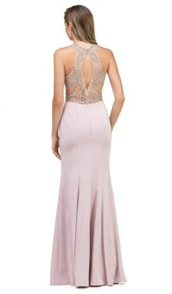 Dancing Queen - 9974 Beaded Illusion Halter Evening Dress With Slit