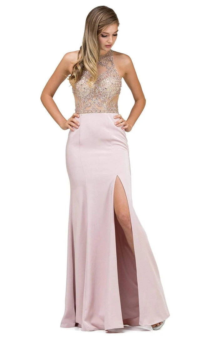 Dancing Queen - 9974 Beaded Illusion Halter Evening Dress With Slit 3 Dancing Queen - 9974 Beaded Illusion Halter Evening Dress With Slit