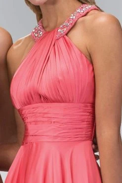 Elizabeth K - GL1013 Beaded Halter Empire Charmeuse Long Dress