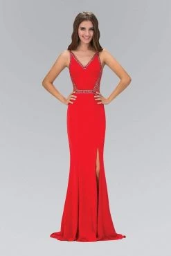 Elizabeth K - GL1359 V-Neck Jersey Sheath Gown With Slit