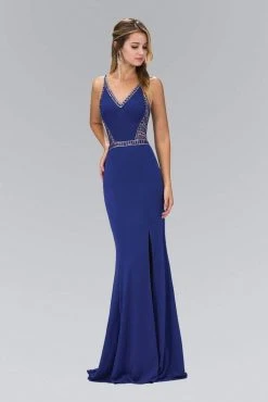 Elizabeth K - GL1359 V-Neck Jersey Sheath Gown With Slit