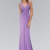 Elizabeth K - GL1377 Embellished Ruched V-Neck A-line Dress