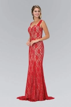 Elizabeth K - GL1396 Long Contrast Lace Sheath Gown