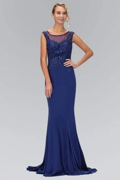 Elizabeth K - GL1411 Laced Bateau Neck Jersey Gown 6 Elizabeth K - GL1411 Laced Bateau Neck Jersey Gown