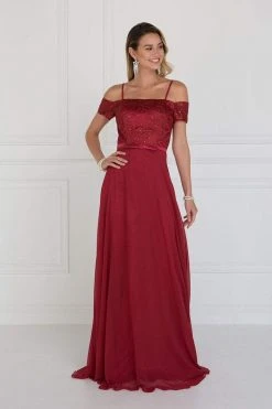 Elizabeth K - GL1521 Off Shoulder Lace Bodice Chiffon A-Line Gown