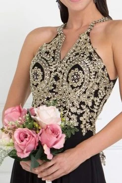 Elizabeth K - GL1526 Lace Embellished High Neck Chiffon Gown