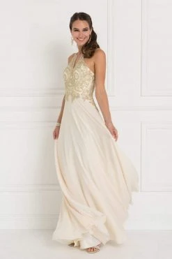 Elizabeth K - GL1526 Lace Embellished High Neck Chiffon Gown