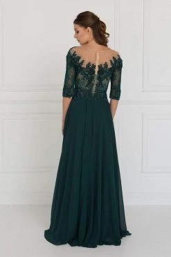 Elizabeth K - GL1528 Quarter Sleeve Jewel Adorned Illusion Lace Gown