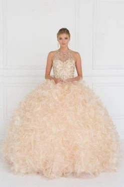Elizabeth K - GL1554 Bejeweled Organza Ruffled Ballgown
