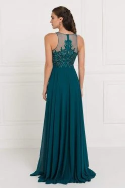 Elizabeth K - GL1570 Embroidered Illusion Halter Chiffon A-line Dress