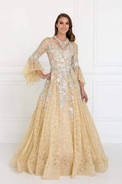 Elizabeth K - GL1592 Flounce Sleeve Floral Embroidered Lace Ballgown
