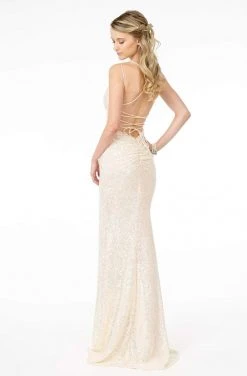 Elizabeth K - GL1814 Ruched Plunging V-Neck Gown With Slit