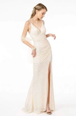 Elizabeth K - GL1814 Ruched Plunging V-Neck Gown With Slit