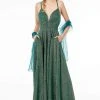 Elizabeth K - GL1828 Plunging Pleat-Ornate Bodice Glitter Lame Gown