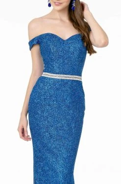 Elizabeth K - GL1829 Off Shoulder Jeweled Waist Glitter Gown 10 Elizabeth K - GL1829 Off Shoulder Jeweled Waist Glitter Gown