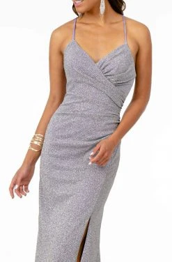 Elizabeth K - GL1831 V-Neck Bodycon Glitter Crepe Long Dress