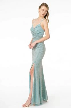 Elizabeth K - GL1831 V-Neck Bodycon Glitter Crepe Long Dress