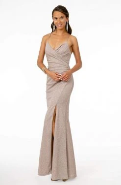 Elizabeth K - GL1831 V-Neck Bodycon Glitter Crepe Long Dress