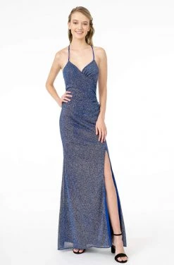 Elizabeth K - GL1831 V-Neck Bodycon Glitter Crepe Long Dress