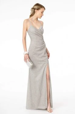 Elizabeth K - GL1831 V-Neck Bodycon Glitter Crepe Long Dress