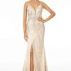 Elizabeth K - GL1844 Illusion Deep V-Neck Glitter Mesh High Slit Gown