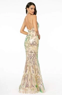 Elizabeth K - GL1845 Plunging V-Neck Iridescent Sequined Gown 9 Elizabeth K - GL1845 Plunging V-Neck Iridescent Sequined Gown